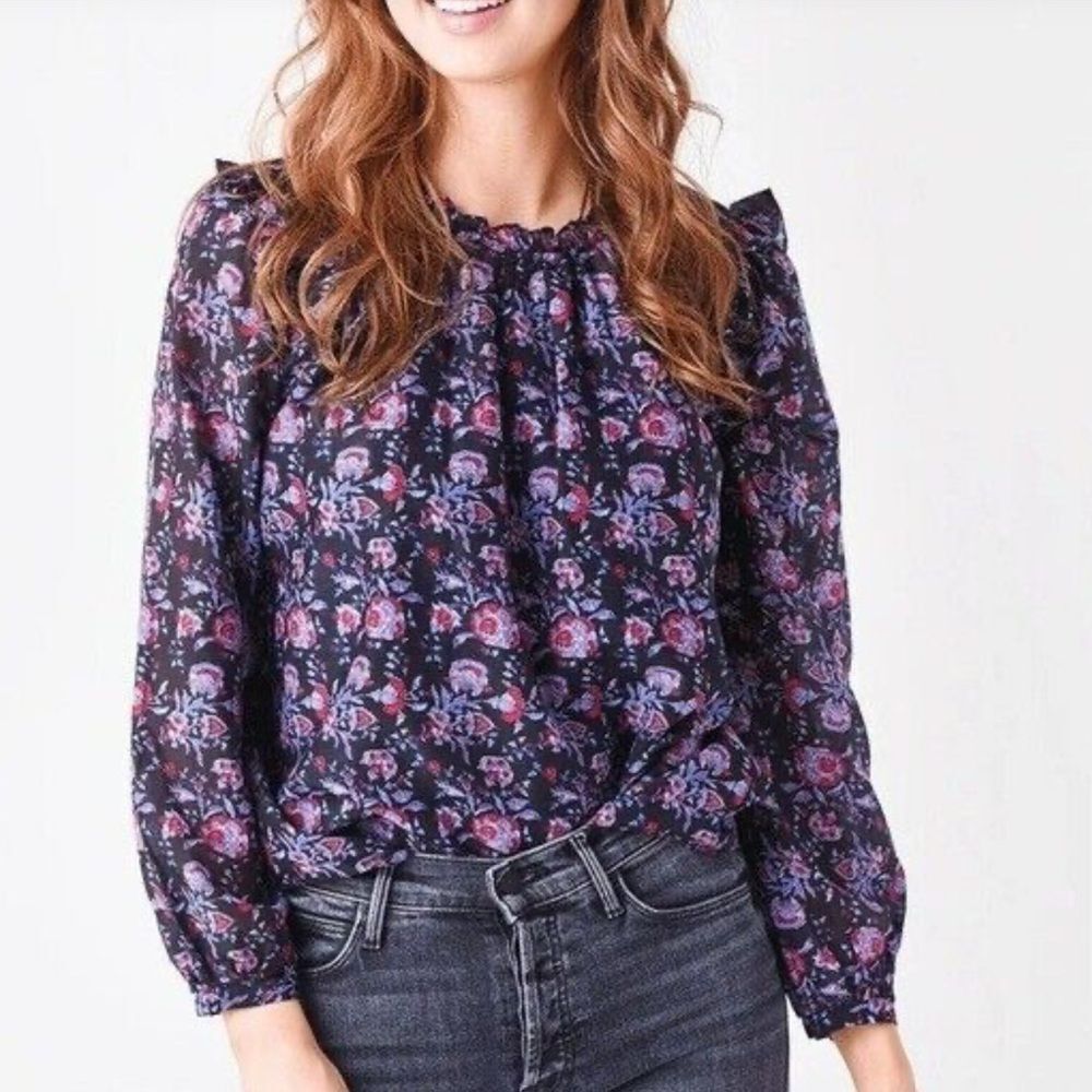 Xirena Lanie Purple Cottage Core Floral Ruffle Silk Blend Long Sleeve Blouse XS